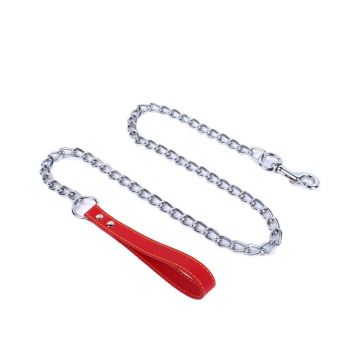 Lesa lant, rosie, maner din piele naturala, lungime 1,20 m, pentru caini de talie medie