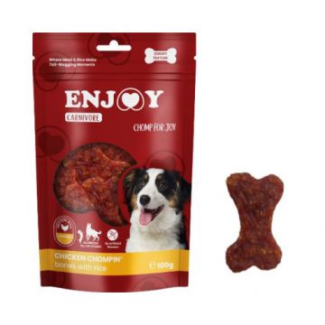 Recompense pentru caini Enjoy Carnivore Chicken Chompin Oase cu orez 100 gr