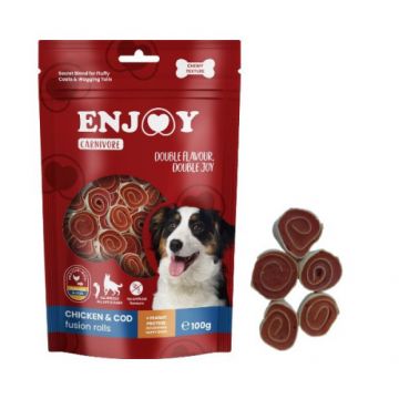 Recompense pentru caini Enjoy Carnivore Fusion Rolls cu pui si cod 100 gr