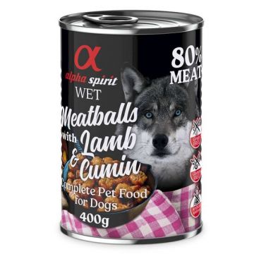 Hrană umedă Premium pentru câine Alpha Spirit, chiftele de miel și chimion, 400 g