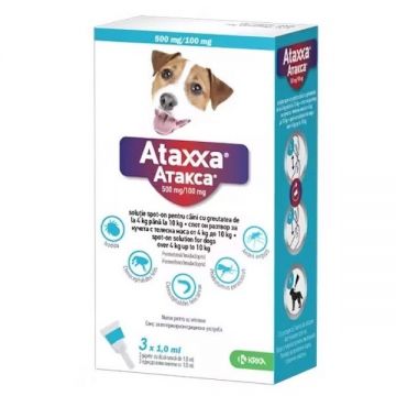 Ataxxa 500 mg/100 mg, antiparazitar extern pentru caini de talie mica (4-10 kg), 1 pipeta