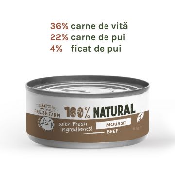 Fresh Farm Mousse pate, cu vita, hrana umeda pentru pisici, fara cereale, 85 gr