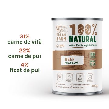 Fresh Farm Smooth pate, cu vita, hrana umeda pentru caini, fara cereale, 400 gr