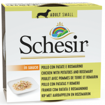 Hrana umeda pentru caini Schesir Adult Small Pui si Cartof, Pachet 5 X 85g