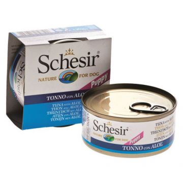 Hrana umeda pentru caini Schesir Junior cu ton si aloe, Pachet 5 X 150 g