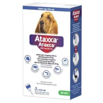 Ataxxa 2000 mg/400 mg, antiparazitar extern pentru caini de talie mare (25-40 kg), 1 pipeta