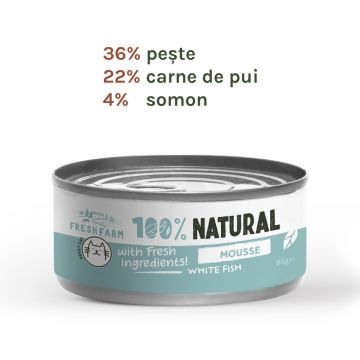 Fresh Farm Mousse pate, cu peste, hrana umeda pentru pisici, fara cereale, 85 gr