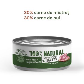 Fresh Farm Shreddet Fillet, cu mistret si pui in sos, hrana umeda pentru pisici, fara cereale, 85 gr