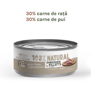 Fresh Farm Shreddet Fillet, cu rata si pui in sos, hrana umeda pentru pisici, fara cereale, 85 gr