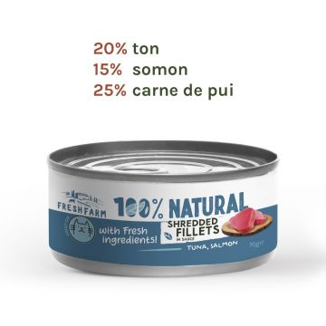 Fresh Farm Shreddet Fillet, cu ton si somon in sos, hrana umeda pentru pisici, fara cereale, 85 gr