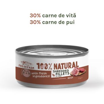 Fresh Farm Shreddet Fillet, cu vita si pui in sos, hrana umeda pentru pisici, fara cereale, 85 gr