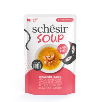Hrana umeda pentru pisici Schesir Soup plic Somon si Morcov in supa 40gr