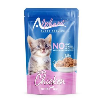 Hrană umedă pentru pui de pisică Alphapet, cu carne de pui, 85 g