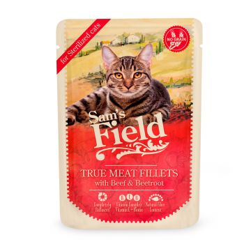 Sam's Field Cat Pouch For Sterilized Cats With Beef Fillets/Beetroot 85gr