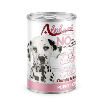 Hrană umedă Premium pentru câine junior Alphapet, cu carne de miel, 400 g