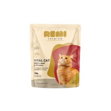 Hrana uscata pentru pisici Remi Premium Adult Vital Cat cu Vita si Pui 400gr