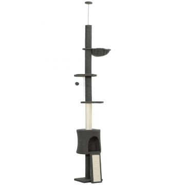PawHut Ansamblu de joacă pentru Pisici Înalt 220-240 cm cu Hamac, Casetă, Platforme și Stâlpi din Sisal, Gri | Aosom Romania