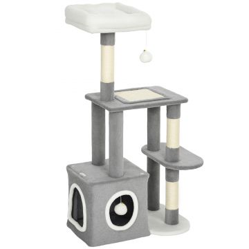 PawHut Ansamblu de joacă zgârietoare pentru pisici cu căsuță, pat și 2 mingi, din lemn și pluș, 55x40x107 cm, gri și alb | Aosom Romania