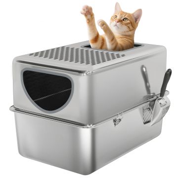 PawHut Arenero pentru Pisici din Oțel Inoxidabil XL Arenero cu Lopată Deschideri Duble Ușor de curățat Argintiu | Aosom Romania