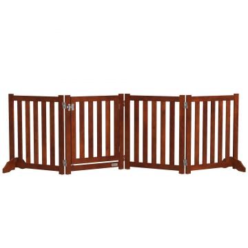 PawHut Barieră de siguranță câine pliabilă dublă față din lemn, 4 panouri cu ușă, picioare de suport, 205 x 60 cm, maro | Aosom Romania
