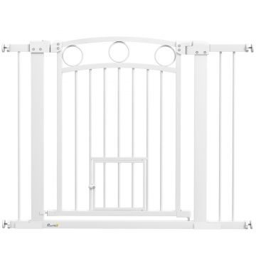 PawHut Barieră de Siguranță Interioară pentru Câini cu 2 Extensii și Ușă pentru Pisici, 76-104x77 cm, Alb | Aosom Romania