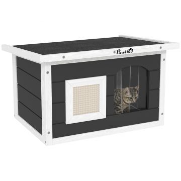PawHut Casa de pisici, refugiu pentru pisici și iepuri, casă din lemn cu placă de zgâriere, ușă cu clapetă, 61 x 45 x 36,5 cm, Gri | Aosom Romania