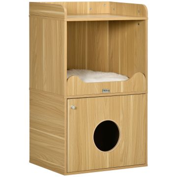 PawHut Casa de toaletă pentru pisici mobilier litieră pisică 3 nivele compartiment închis cu o ușă 1 pernă 60 x 45 x 103 cm | Aosom Romania
