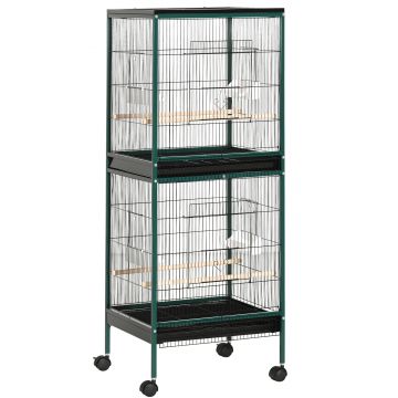 PawHut Colivie cu Două Nivele pentru Păsări, cu 4 Uși și Roți, 2 Tăvi Glisante pentru Întreținere Ușoară, 51,5L x 50l x 140H cm | Aosom Romania