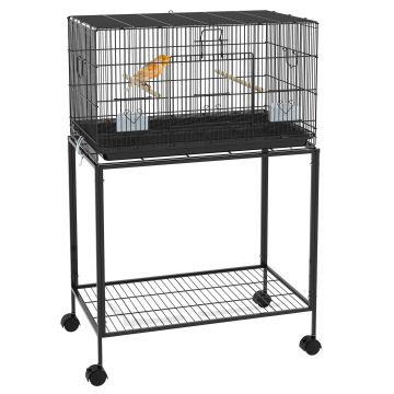 PawHut Colivie pentru Pasari cu Rotile 77x46x119 cm Cusca Metalica pentru Pasari cu Tava Detasabila 2 Suporturi 2 Hranitoare Negru | Aosom Romania