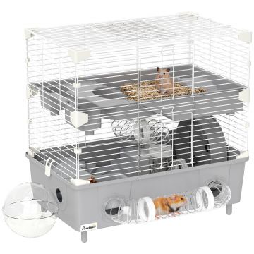 PawHut Cușcă Hamster 2Niveluri Bazin Nisip 44,5x28x44cm Gri | Aosom Romania