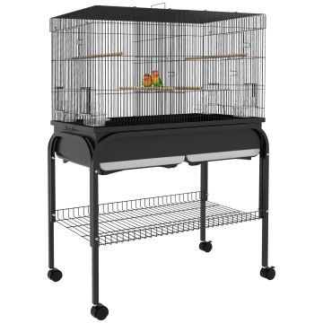 PawHut Cușcă păsări cușcă papagal cu suport roți pentru cacatua papagal canari papagal 85 x 49 x 119 cm negru | Aosom Romania