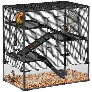 PawHut Cușcă pentru Hamster cu Bază din Sticlă, Cu 4 Etaje și Accesorii, 78,5L x 48,5B x 80H cm, Negru | Aosom Romania
