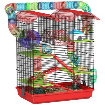 PawHut Cușcă pentru hamster șoareci rozătoare mici cu tunel furajer roată jucărie 47 x 30 x 59 cm roșu | Aosom Romania