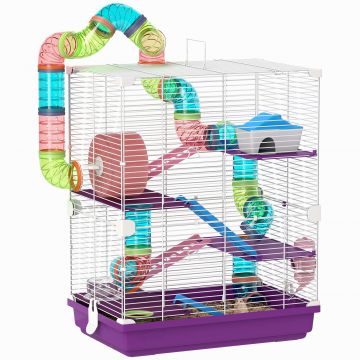 PawHut Cușcă pentru hamster rongeur 4 etage cu tuneluri, biberon apă, roată, casă, scări 46 x 30 x 58 cm violet | Aosom Romania