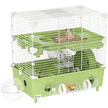 PawHut Cușcă pentru Hamsteri cu 2 Niveluri și 3 Uși cu Roată și Tuburi Verde și Alb | Aosom Romania