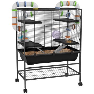 PawHut Cușcă pentru hamsteri cu tuburi, roată de alergare, casă, recipient pentru apă, 109 x 82 x 46 cm, Negru | Aosom Romania