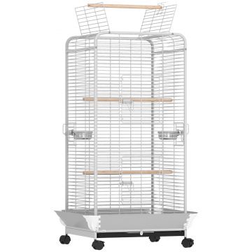 PawHut Cușcă pentru Papagali cu Ruedas Perches Hrănitori și Tavă Detașabilă Pajarera pentru Cacatúas Cotorras 79x73x146cm Gri Deschis | Aosom Romania