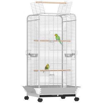 PawHut Cușcă pentru Papagali cu Ruedas Perches Hrănitori și Tavă Detașabilă Pajarera pentru Cacatúas Cotorras 79x73x146cm Gri Deschis | Aosom Romania