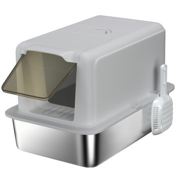 PawHut Litieră din Oțel Inoxidabil pentru Pisici cu Capac Detasabil, Lopățică, Pungi Filtrante, pentru Pisici Mari, Albă | Aosom Romania