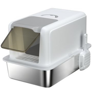 PawHut Litieră pentru pisici închisă cu tavă din oțel, lopățică și pungi filtrante, din PP, 40.5x60.5x41.5 cm | Aosom Romania