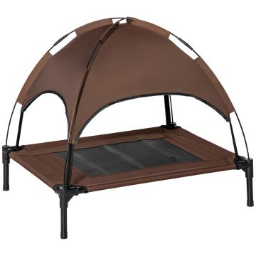 PawHut Pat înălțat pentru câini cu baldachin, pat pentru animale de companie, pat pentru câini de exterior cu acoperiș, respirabil, material textil pentru camping Cafea 76 x 61 x 73 cm | Aosom Romania