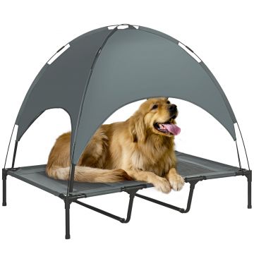 PawHut Pat pentru câini ridicat cu umbrelă, pat de camping pentru câini și pisici pe picioare din material Oxford respirabil, anti-UV cadru metalic geantă de transport inclus, spațiu de dormit pentru exterior pentru pisici 122 x 92 x 108 cm gri negru | A