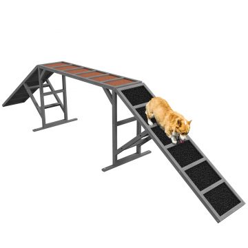 PawHut Rampă de agilitate pentru câini, echipament de agilitate pentru câini, bare de siguranță, suprafață antiderapantă 325x55x69 cm gri | Aosom Romania
