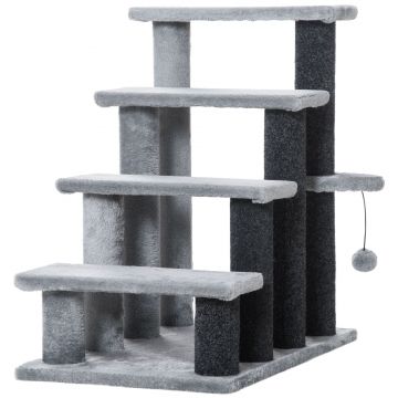 PawHut Scara pentru pisici cu 4 trepte Haustiertreppe cu coloane pentru zgâriere Minge Scara pentru câini Scara pentru animalele de companie pentru pisici de până la 5 kg Pluș Iută Gri 60 x 40 x 64 cm | Aosom Romania
