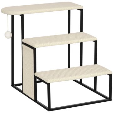 PawHut Scară pentru pisici, cu panou de zgâriere, 3 trepte, minge de joc, robustă, oțel+Sisal, crem+negru, 51 x 54 x 53cm | Aosom Romania