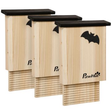 PawHut Set de 3 case pentru lilieci, rezistent la intemperii, până la 3 lilieci pe casă, lemn de brad tratat, Natural + Negru | Aosom Romania