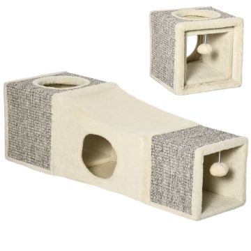 PawHut Tunel Pliabil pentru Pisici cu Căsuțe și Zgârâietori, Jucării cu Minge de Pluș și Sisal, 98x30x30 cm, Alb Crem | Aosom Romania