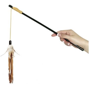 FLAMINGO Jucărie pentru pisici Undiţă cu fâşii de piele şi pene 50cm