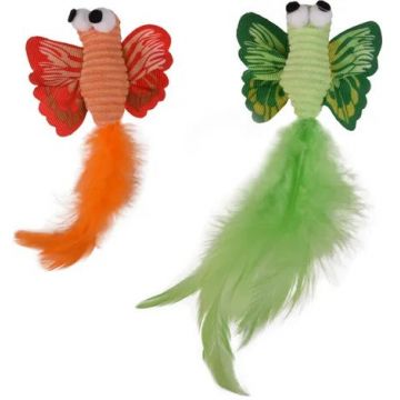 FLAMINGO Jucărie pt pisici Fluturaşi cu pene, verde/portocaliu, 17 cm, 2 buc/set
