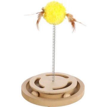 FLAMINGO Jucărie pt pisici Minge de pluş cu pene pe arc, cu bile inter. 28cm